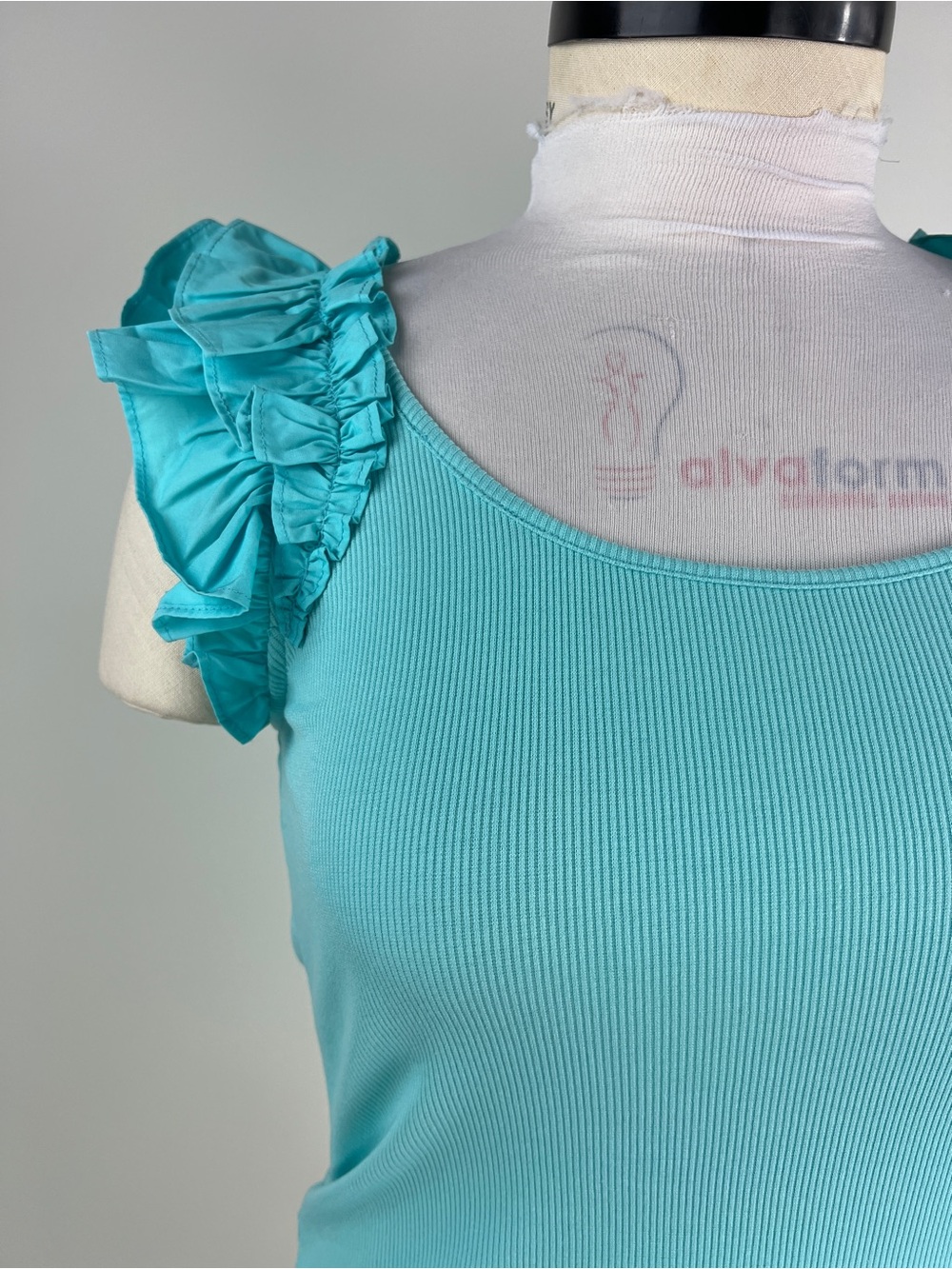 💚 3644. Ruffled Sleeve Ribbed Tank Top - Teal - Picture 4 of 7